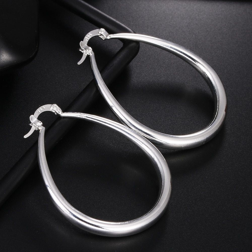 Charm 925 Stamp Silver color 41MM Smooth Circle Big Hoop Earrings For Women Lady Fashion High Quality Wedding Jewelry Gifts