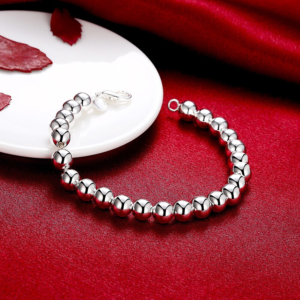 Hot sale fashion 925 Stamp Silver color Bracelet for woman fine 8MM Bead chain Wedding party Christmas Gift high quality Jewelry