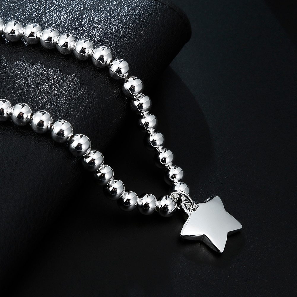 New 925 Stamp Silver color 4MM Bead Chain Star Pendant Bracelets for women fashion party Wedding accessories Jewelry Couple gift