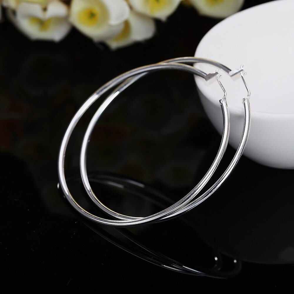 High Quality Solid 925 Stamp Silver color Earrings for Women Party Jewelry 5CM Big Circle Earrings Fashion lady Christmas Gifts