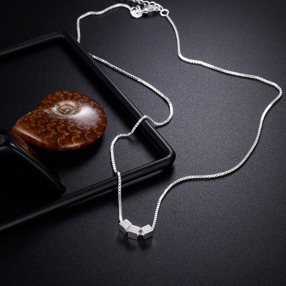 Classic 925 Stamp Silver color Necklace for woman Box chain Simple Square cube Pendant party fashion Jewelry Christmas Gift