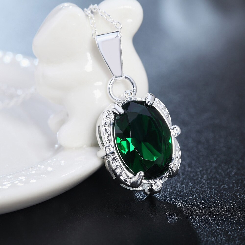 New 925 Stamp Silver color Necklace for Women Green Shiny crystal Pendant diamond chain High Quality Fashion Jewelry Gift