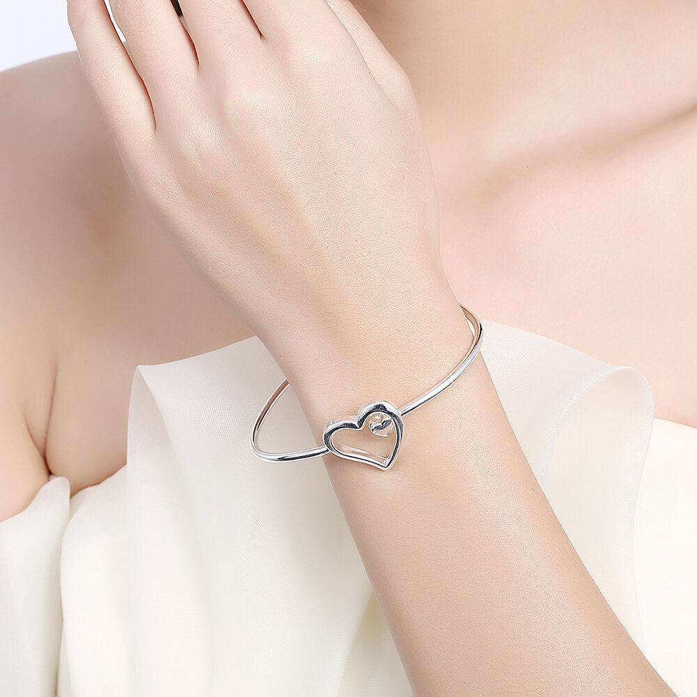 Hot fine 925 Stamp Silver color Romantic heart Bangles bracelets for women Couple gifts fashion party wedding engagement jewelry