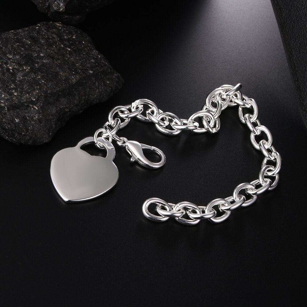 Factory direct fashion 925 Stamp Silver color Bracelet for woman Simple heart card chain hot fine jewelry Wedding party gifts