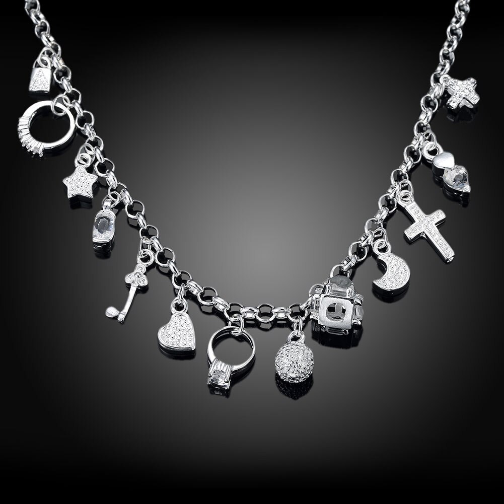 Factory Direct 925 Stamp Silver color 18 inch Shiny zircon key moon heart star cross All-match necklace gift fine Jewelry