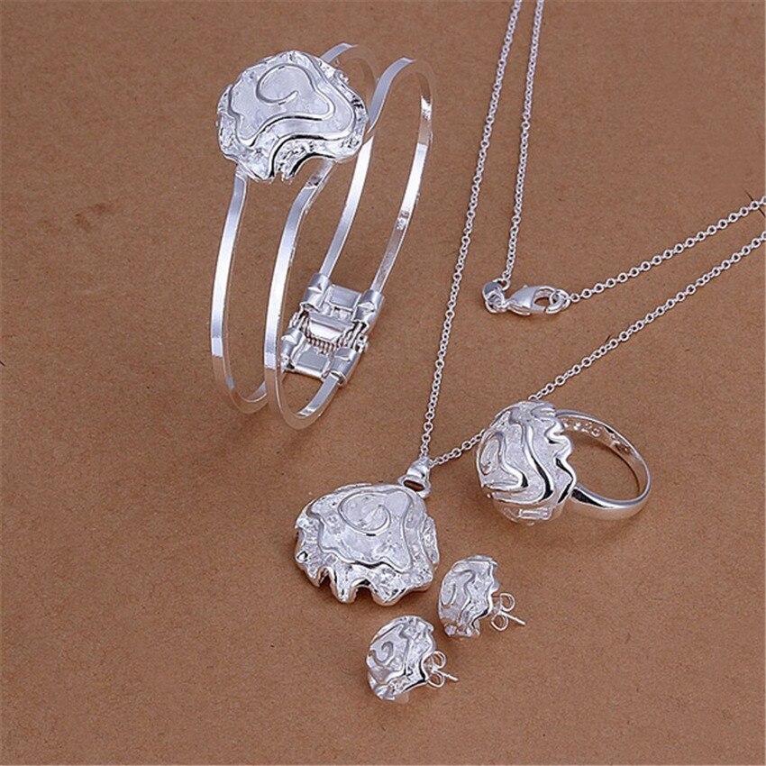 Fashion 925 Stamp Silver color rose flower pendant bangle Bracelets necklaces rings earrings stud Jewelry set for women Party