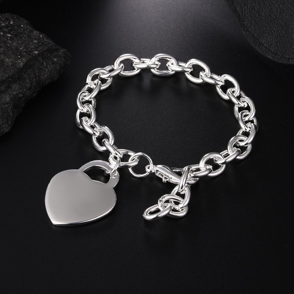Factory direct fashion 925 Stamp Silver color Bracelet for woman Simple heart card chain hot fine jewelry Wedding party gifts