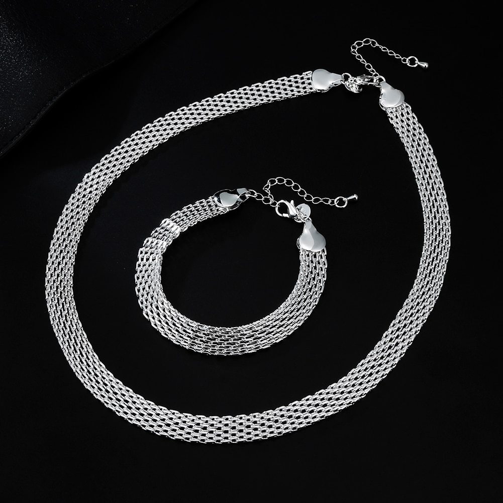 Hot 925 Stamp Silver color Creativity Net chain Bracelets necklaces for women fashion designer party wedding jewelry sets gift