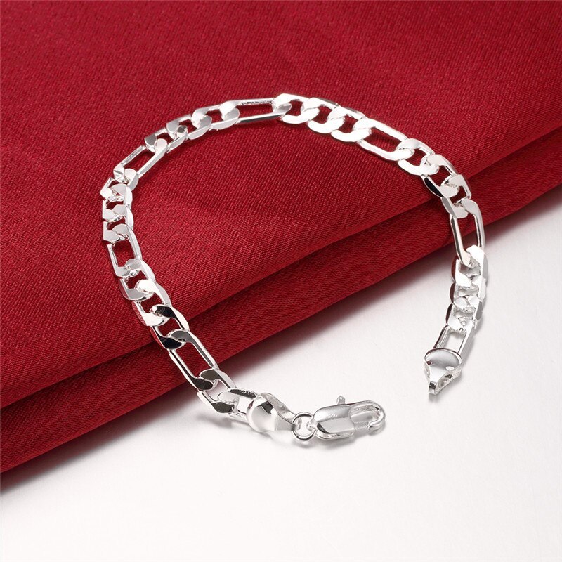 Noble 925 Stamp Silver color wild 6MM flat sideways chain for women man Bracelets Wedding party Christmas Gifts fashion Jewelry