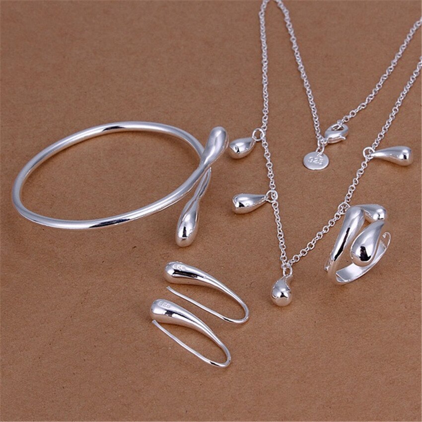 925 Stamp Silver color Water droplets cuff bangles Bracelet necklace earrings ring Jewelry set for women Fashion Party gift