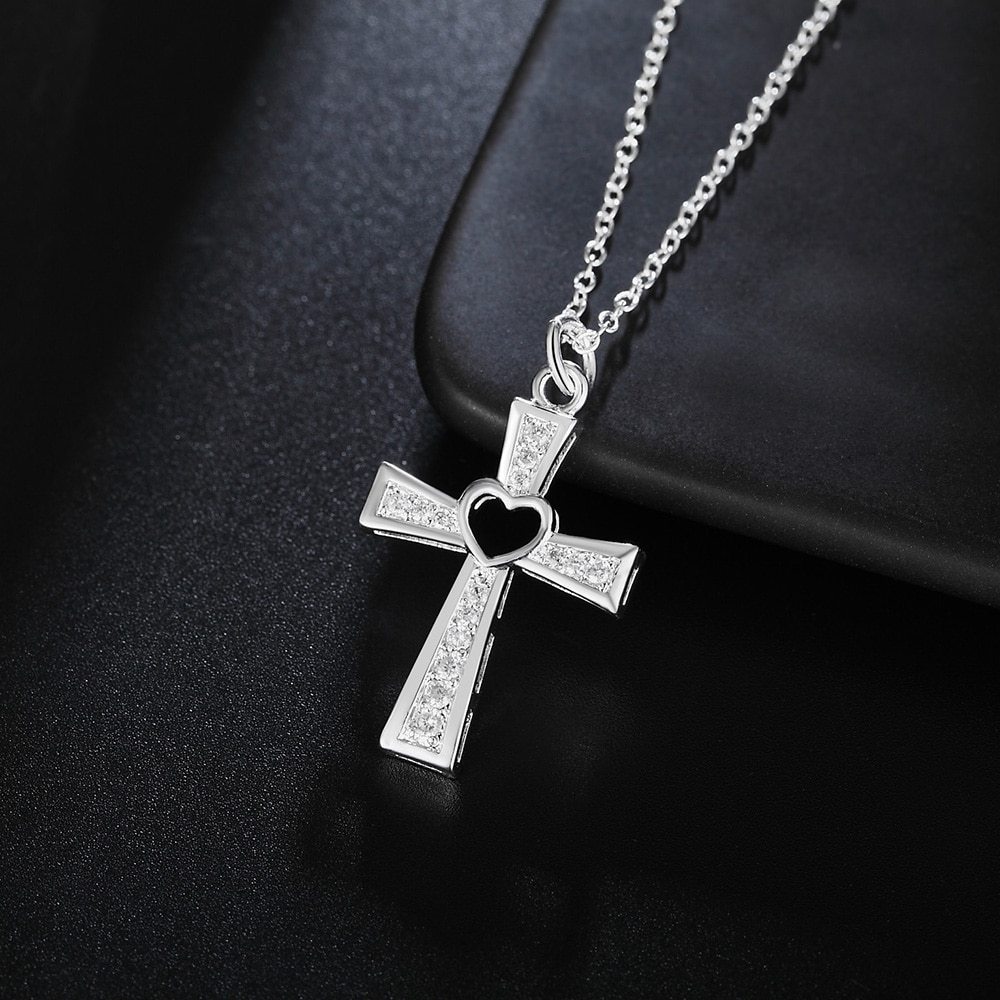 Hot fashion 925 Stamp Silver color Necklace For Women luxury Wedding Jewelry Wild crystal cross pendant chain neckalce gift