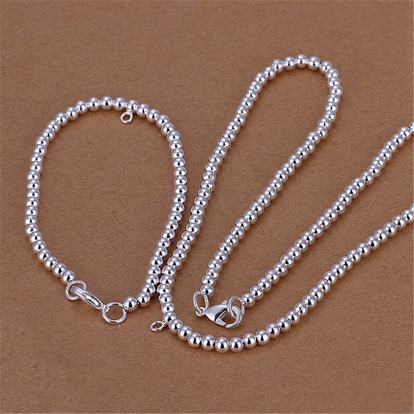 New fashion classic 4MM Buddha beads chain 925 Stamp Silver color Bracelet necklace Jewelry sets for women men wedding Party