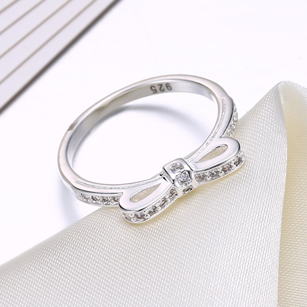 Luxury charm 925 Stamp Silver color Rings For Women Simple Bowknot crystal size 6-9 Fashion Party Gifts wedding diamond Jewelry