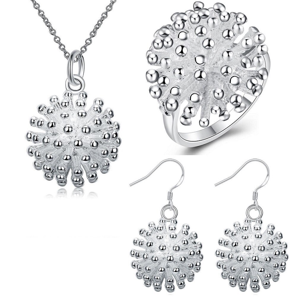 Factory direct 925 Stamp Silver color Fireworks Pendant necklace earring rings Jewelry set for women classic Fashion Party gifts