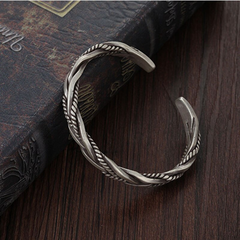Street all-match 925 Stamp Silver color Twisted Woven Bracelet man women Neutral Retro Thai Original Handmade Opening bangle