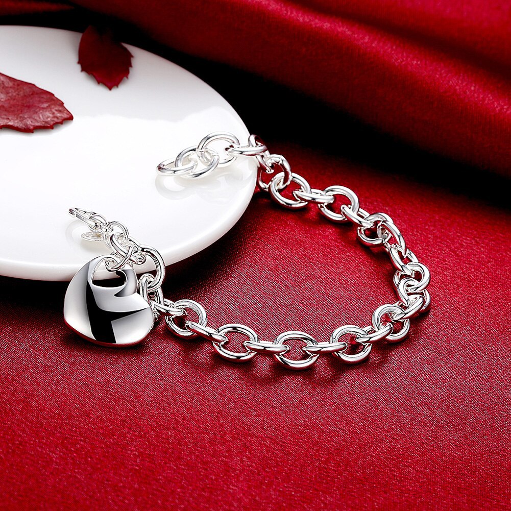 Factory direct fashion 925 Stamp Silver color Bracelet for woman Beautiful Heart Pendant chain fine jewelry Wedding party gift