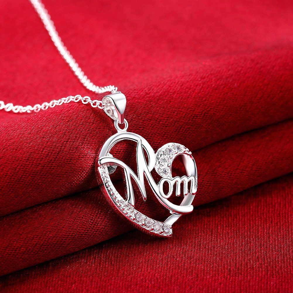 Romantic 925 Stamp Silver color Charm MOM AAA Zircon Heart Pendant Necklace For Women Fashion Jewelry 18 inches Gifts
