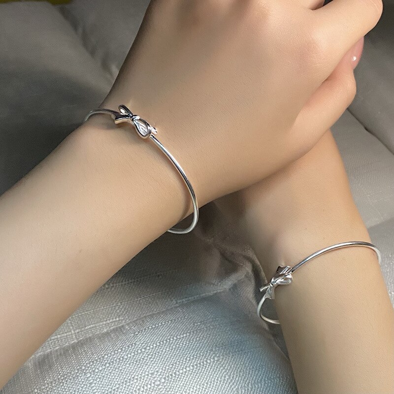 New 925 Stamp Silver color Cute romantic bow Bangles for women bracelets fashion party wedding accessories jewelry gifts
