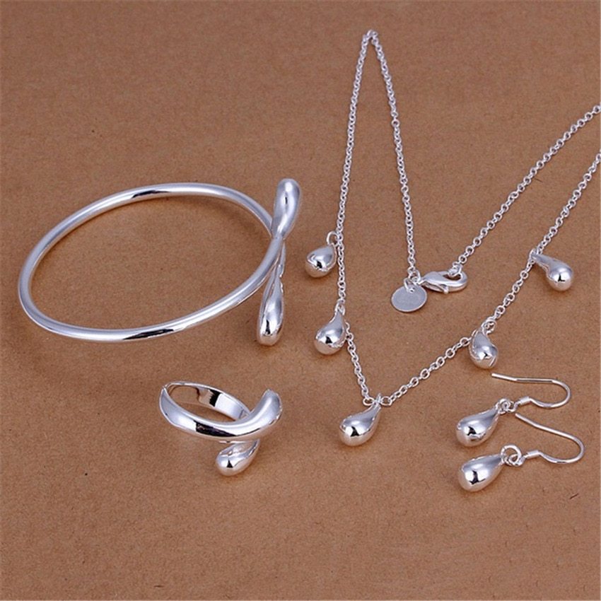 Hot charm 925 Stamp Silver color Water drop bangle Bracelet necklace earrings rings Jewelry set for women Fashion Party gifts