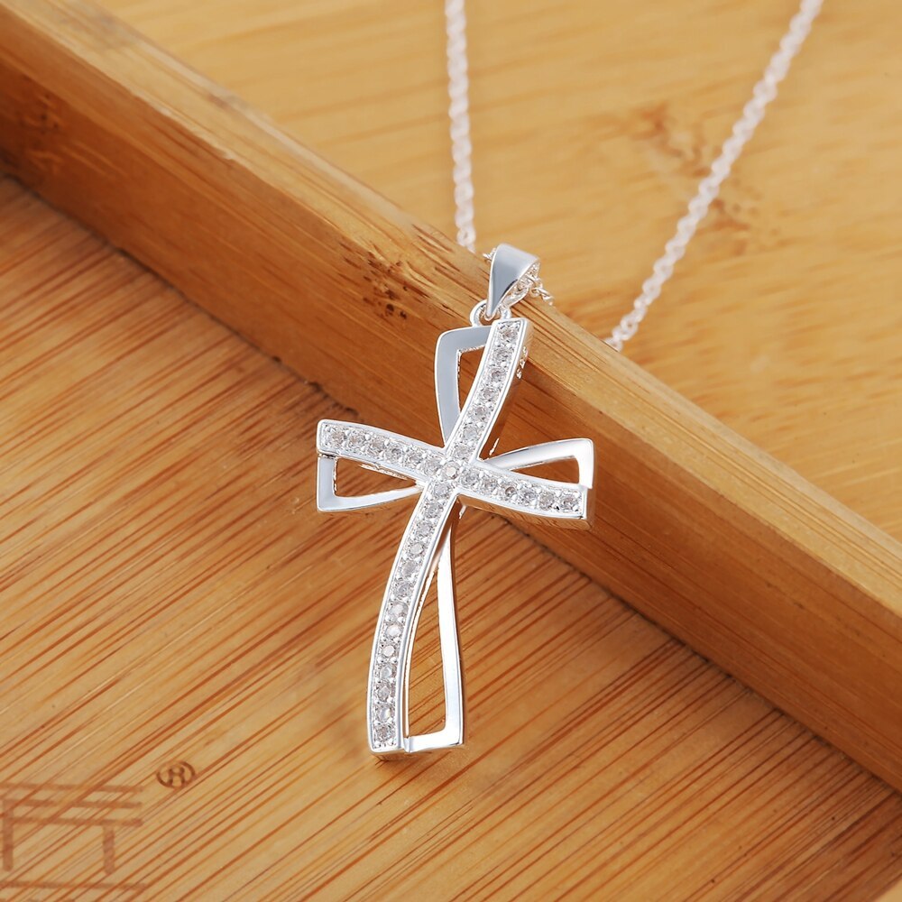 925 Stamp Silver color 18 inch AAA Zircon Elegant cross pendant Necklace For Women Fashion party wedding Jewelry Christmas Gifts