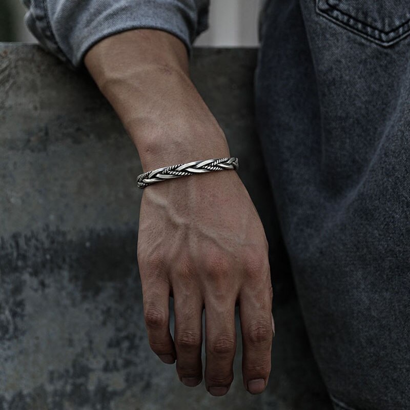 Street all-match 925 Stamp Silver color Twisted Woven Bracelet man women Neutral Retro Thai Original Handmade Opening bangle
