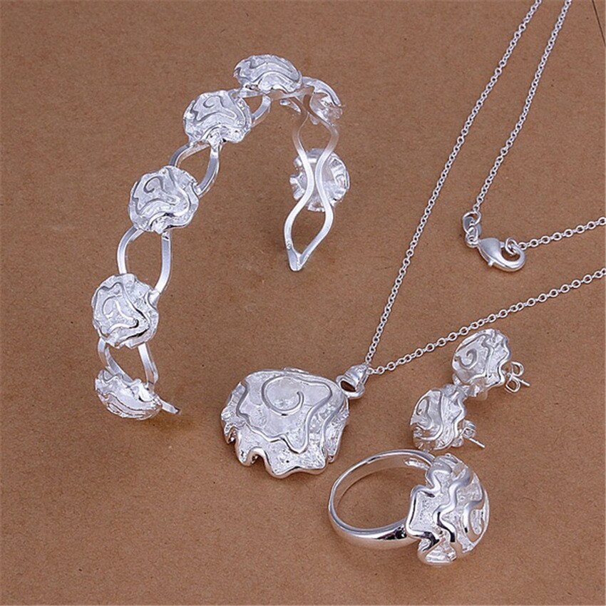 Fashion Party 925 Stamp Silver color rose flower pendant bangle rings Bracelets necklaces earrings stud Jewelry set for women