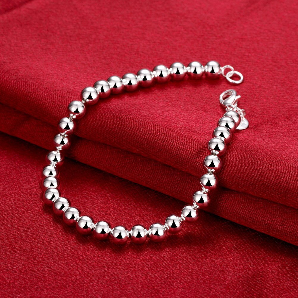 Hot sale fashion 925 Stamp Silver color Bracelet for woman man classic 6mm bead chain Wedding party Christmas Gifts Jewelry