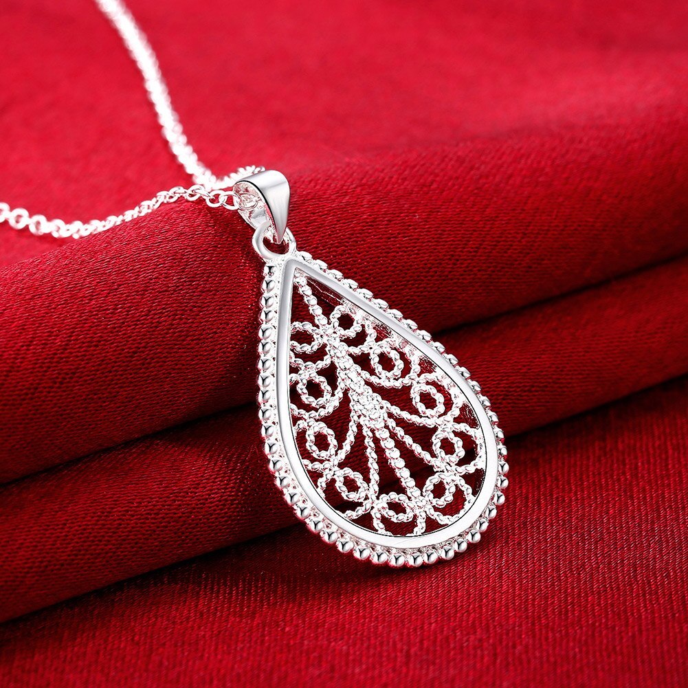 Classic 925 Stamp Silver 18 inches charms Drop shape Pattern Pendant Necklace For Women Fashion boble Jewelry Christmas Gifts