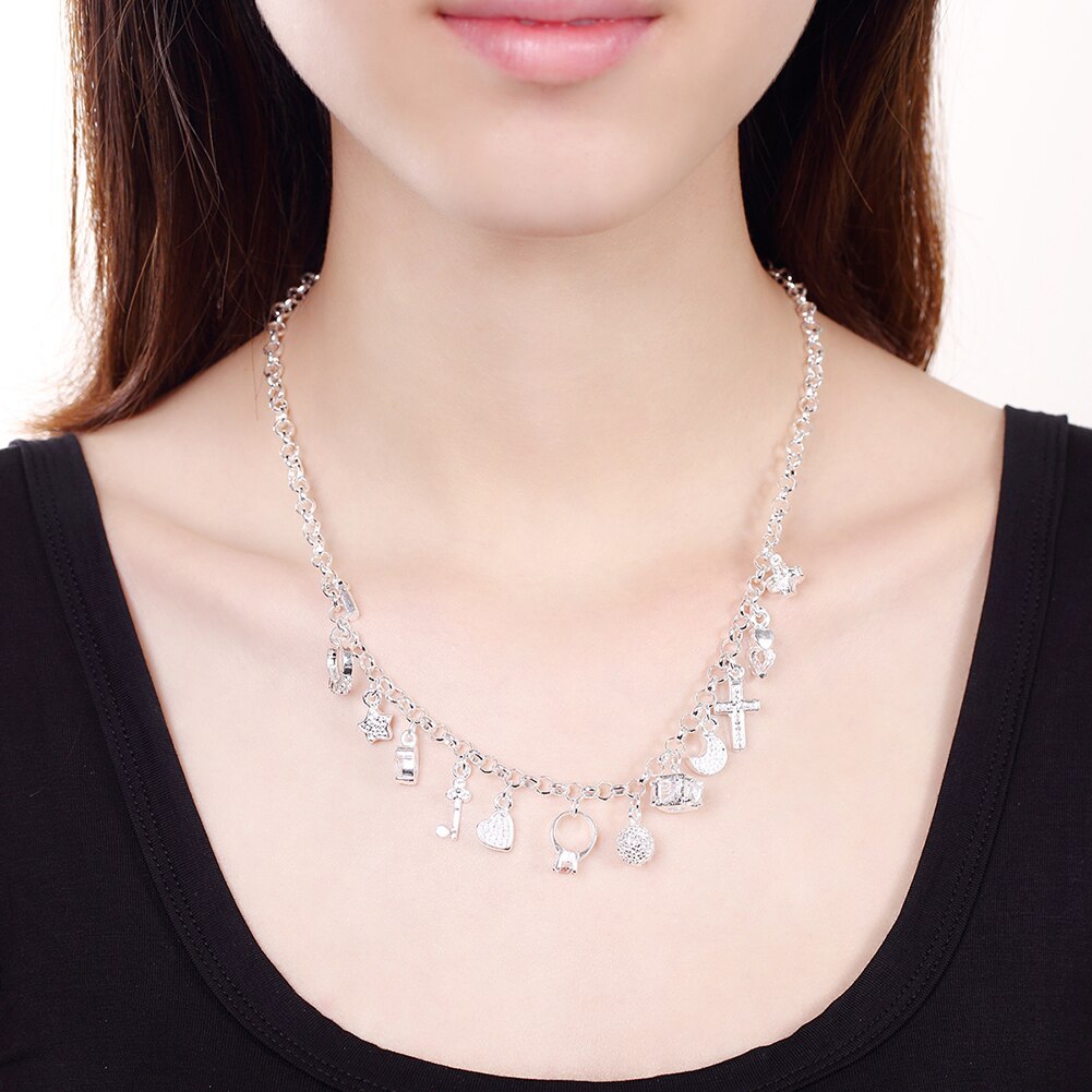 Factory Direct 925 Stamp Silver color 18 inch Shiny zircon key moon heart star cross All-match necklace gift fine Jewelry