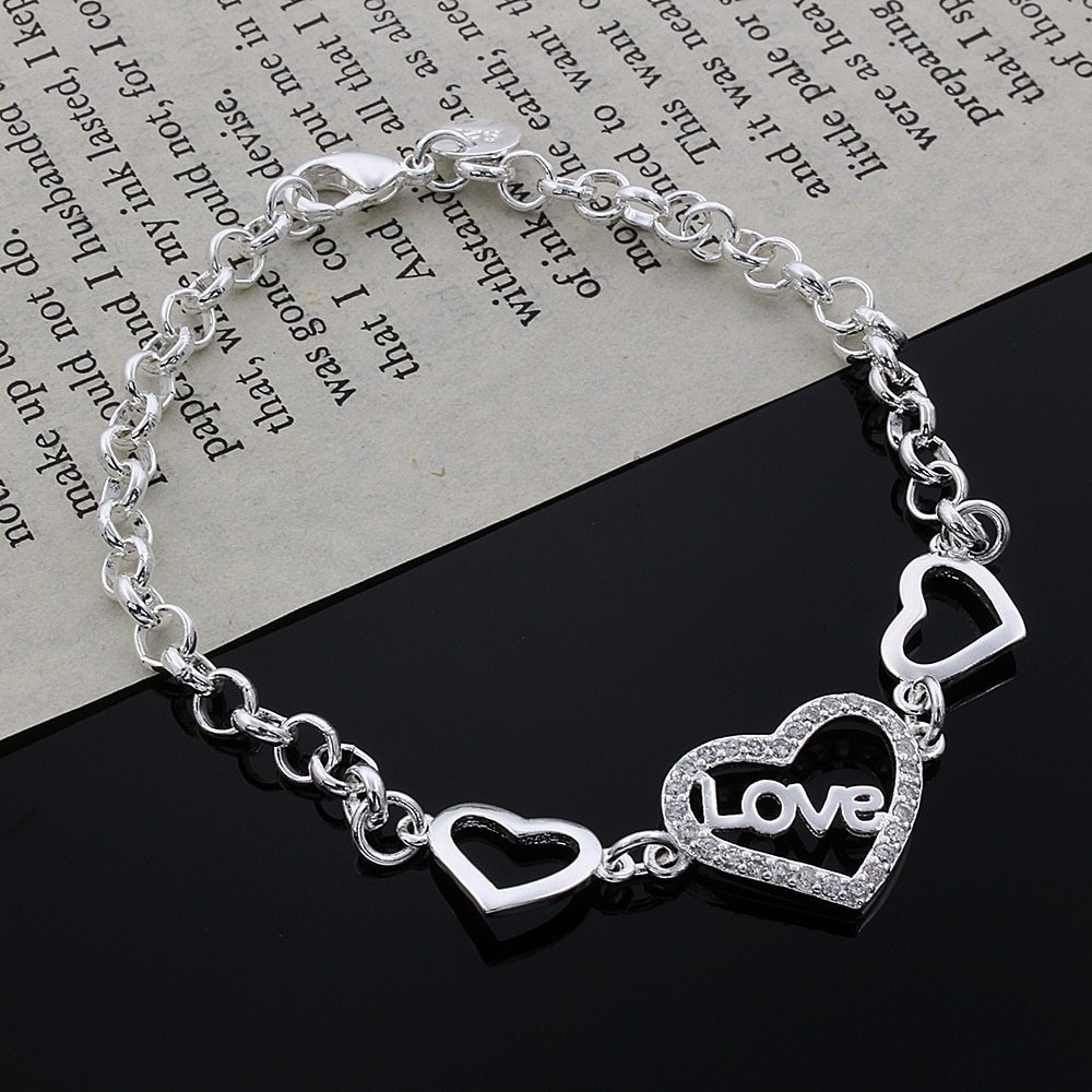 Factory direct 925 Stamp Silver color Bracelets for Women crystal LOVE heart Fashion Wedding Party Christmas Gifts fine Jewelry