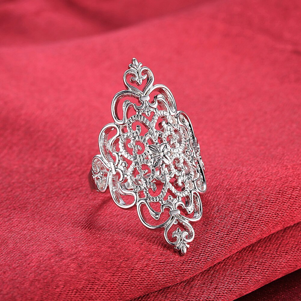 Hot luxury 925 Stamp Silver color Rings For Women fine wide Retro elegant flower Fashion Party Gifts Girl  Charm wedding Jewelry