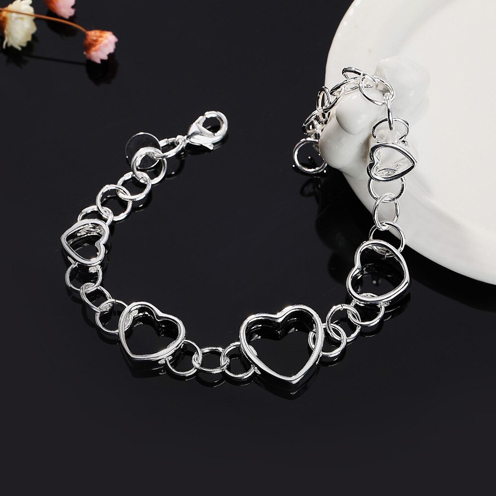Hot sale fashion 925 Stamp Silver color Bracelet for woman Pretty heart chain Wedding party Valentine's Day Gift classic Jewelry