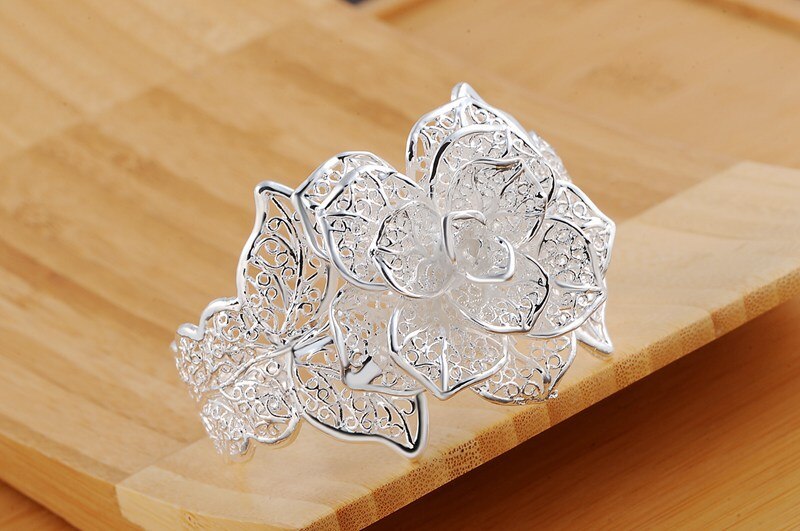 925 Stamped Silver color fine big flower wide bangle Bracelets for Women adjustable Jewelry Fashion wedding Party Holiday gift