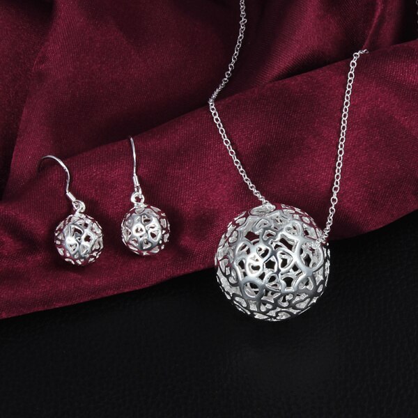 Hot charm 925 Stamp Silver color Hollow Ball Pendant necklace earrings Jewelry set for women Fashion Party wedding Gifts