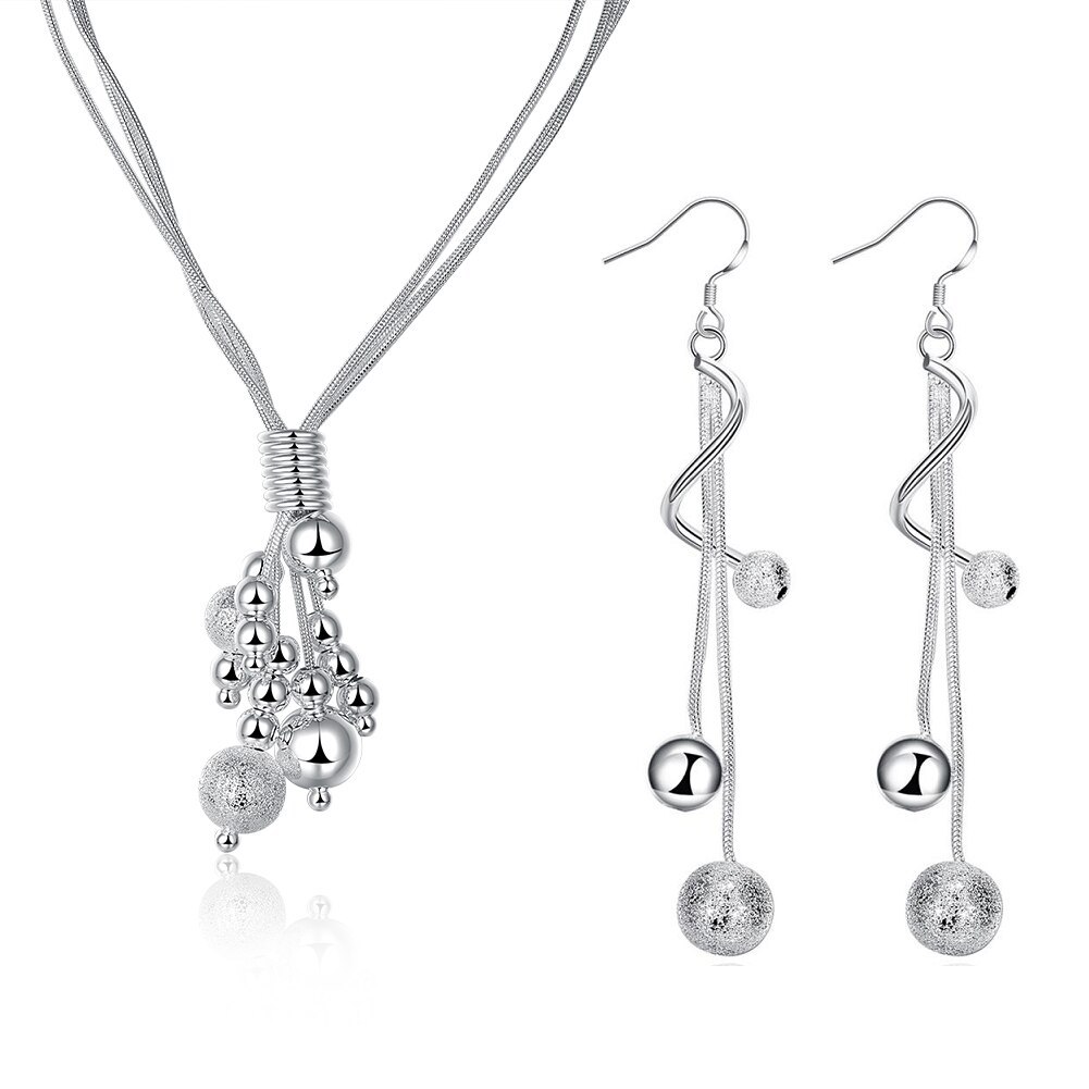 New Original designer 925 Stamp Silver color fine beads necklaces long earrings jewelry sets for women fashion party wedding