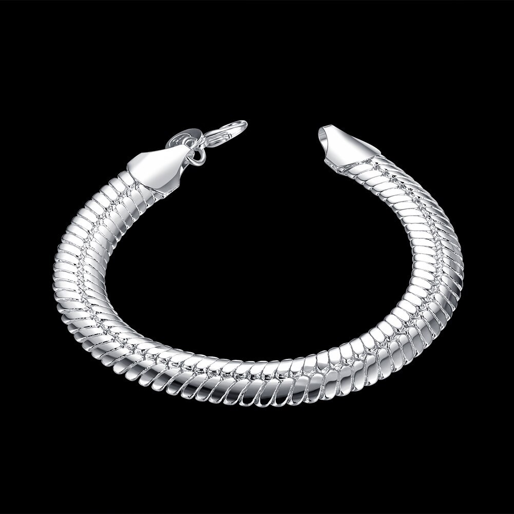Factory outlets fashion 925 Stamp Silver color Bracelet for men 10MM flat snake bone chain Luxury jewelry Wedding party gifts