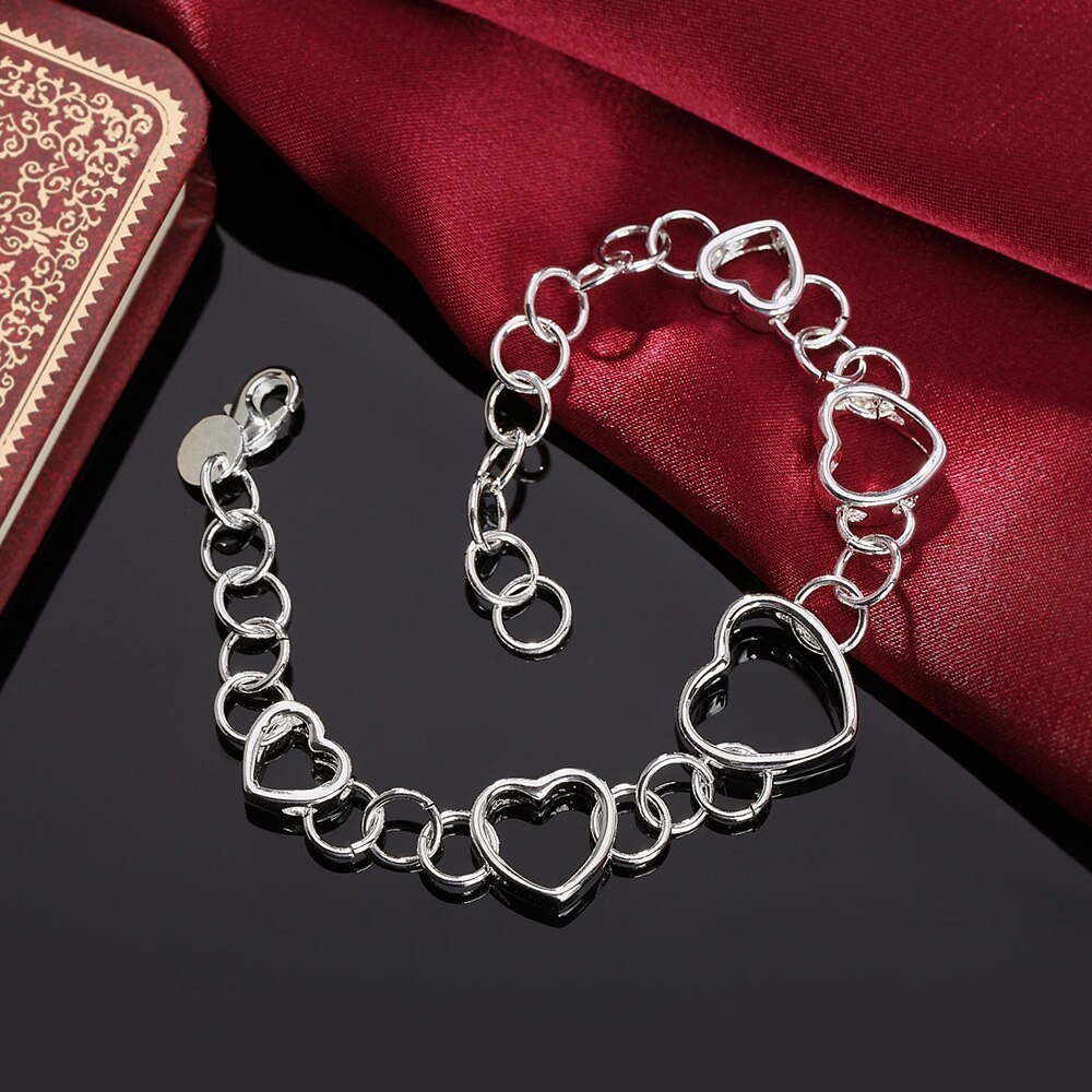 Hot sale fashion 925 Stamp Silver color Bracelet for woman Pretty heart chain Wedding party Valentine's Day Gift classic Jewelry