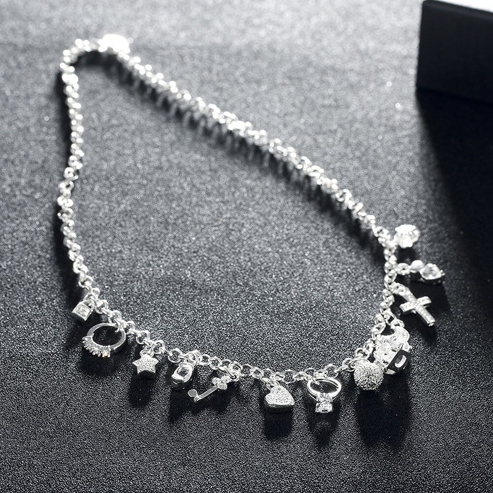 Factory Direct 925 Stamp Silver color 18 inch Shiny zircon key moon heart star cross All-match necklace gift fine Jewelry