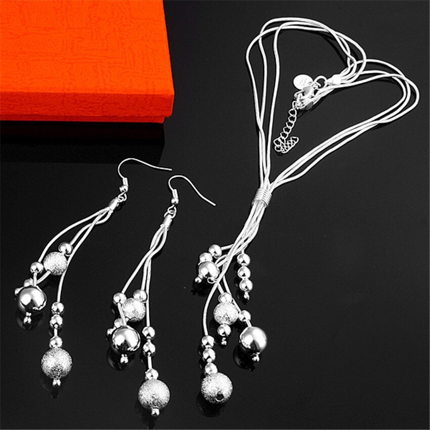Christmas Gifts hot charm 925 Stamp Silver color necklace earrings Jewelry set for women Tassel Snake Chain Beads Fashion Party