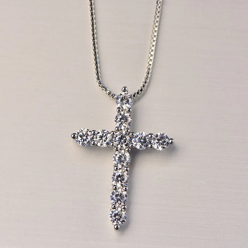 925 Stamp Silver color Necklace For Woman men 18 inch Box chain Shiny crystal classic cross Pendant Fashion luxury Jewelry Gifts