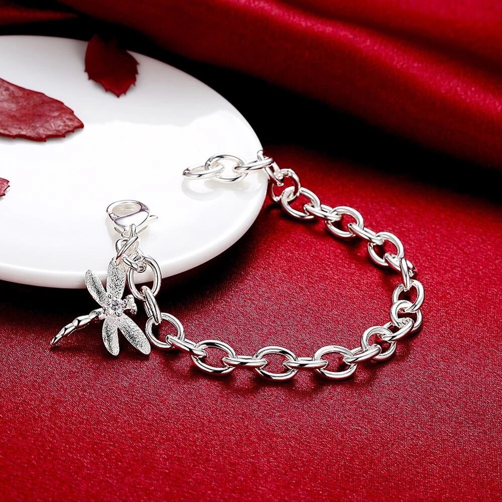Factory direct fashion 925 Stamp Silver color Bracelet for woman Zircon dragonfly pendant chain jewelry Wedding party lady gifts