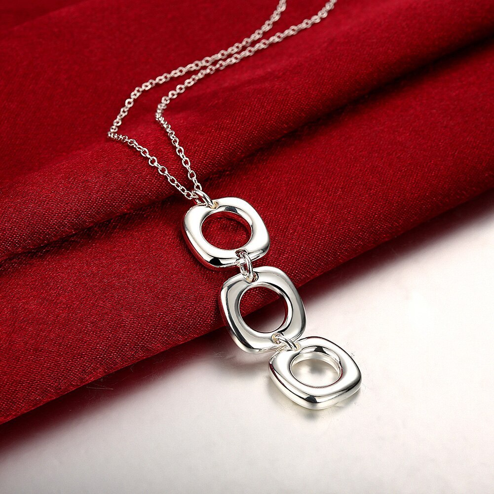 Hot fine 925 Stamp Silver color three square Pendant Necklace For Women 18 inches gift high quality Fashion party Jewelry