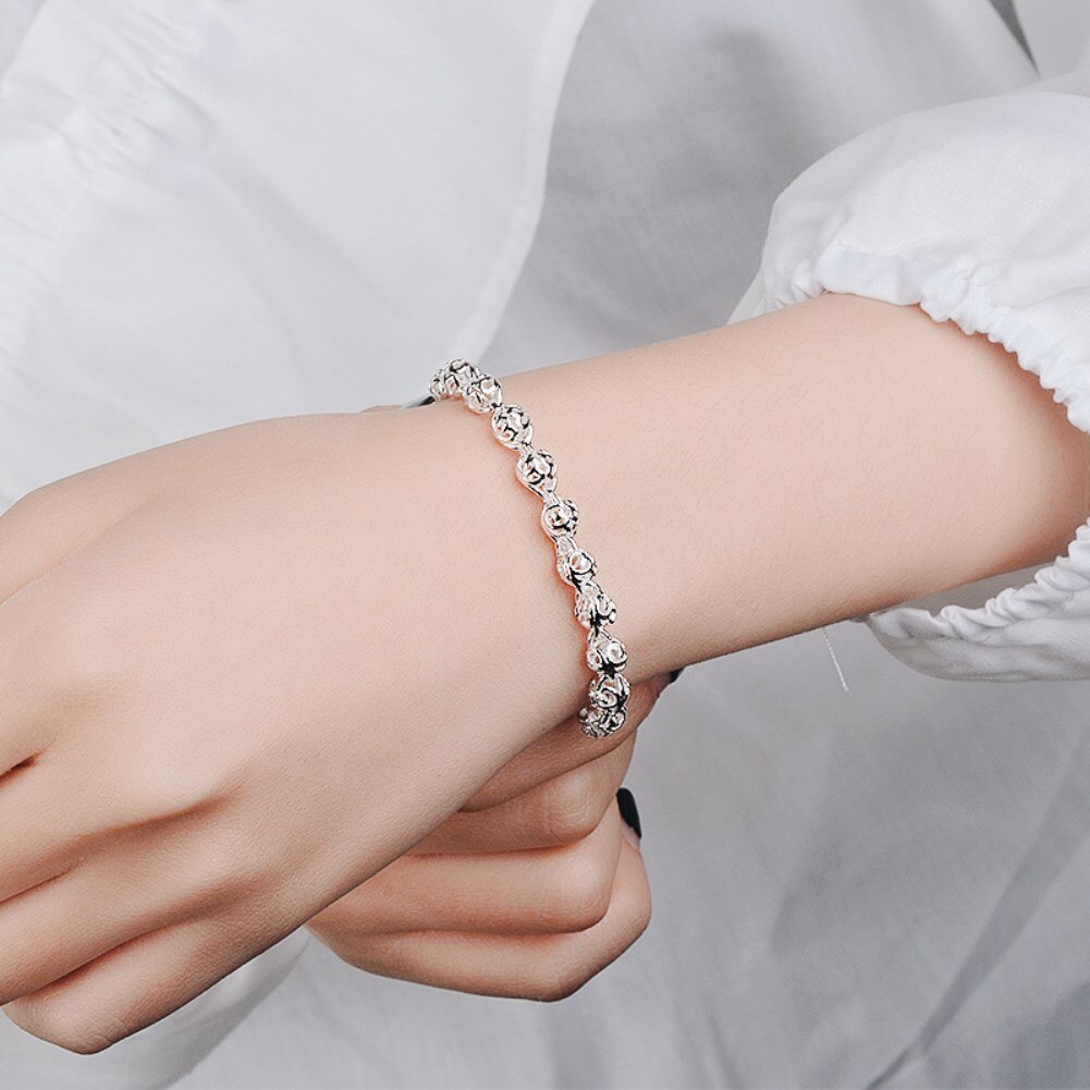 Factory direct sales new 925 Stamp Silver color Bracelet for Women lovely Hollow ball Chain Fashion Wedding Party Gift Jewelry