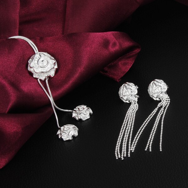 Factory direct fine 925 Stamp Silver color rose flower necklaces earring stud Jewelry set for women fashion Party wedding gift