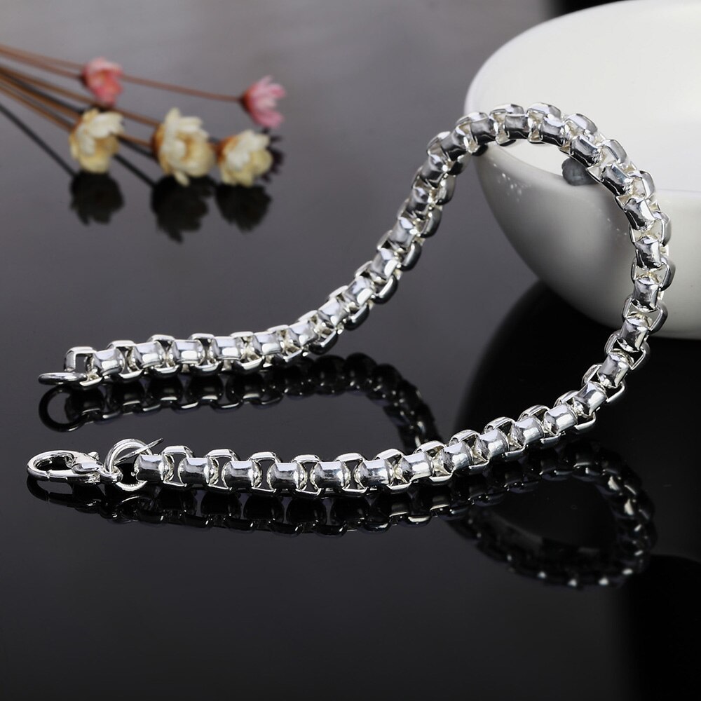 Hot fashion 925 Stamp Silver color Bracelet for woman fine 4MM Round lattice chain Wedding party Gift Street all-match jewelry