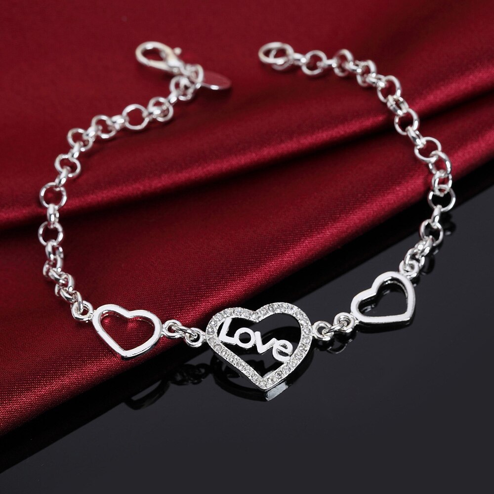 Factory direct 925 Stamp Silver color Bracelets for Women crystal LOVE heart Fashion Wedding Party Christmas Gifts fine Jewelry