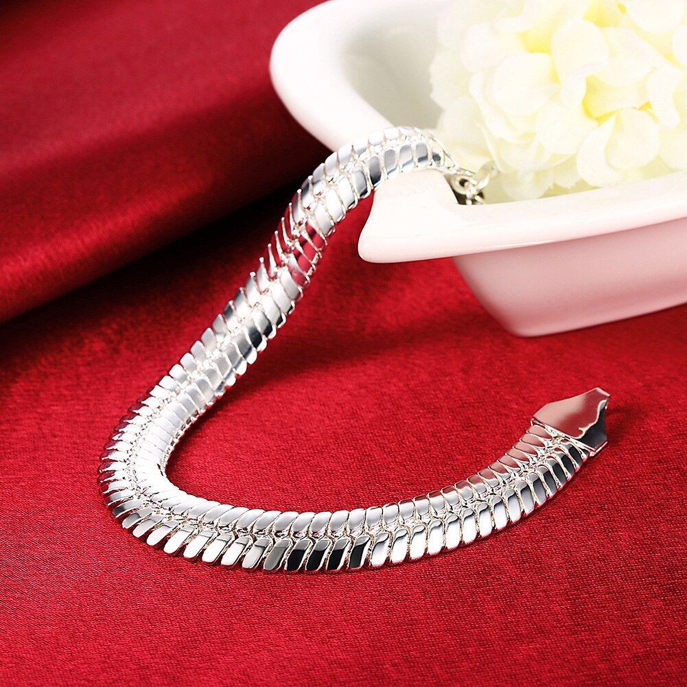 Factory outlets fashion 925 Stamp Silver color Bracelet for men 10MM flat snake bone chain Luxury jewelry Wedding party gifts