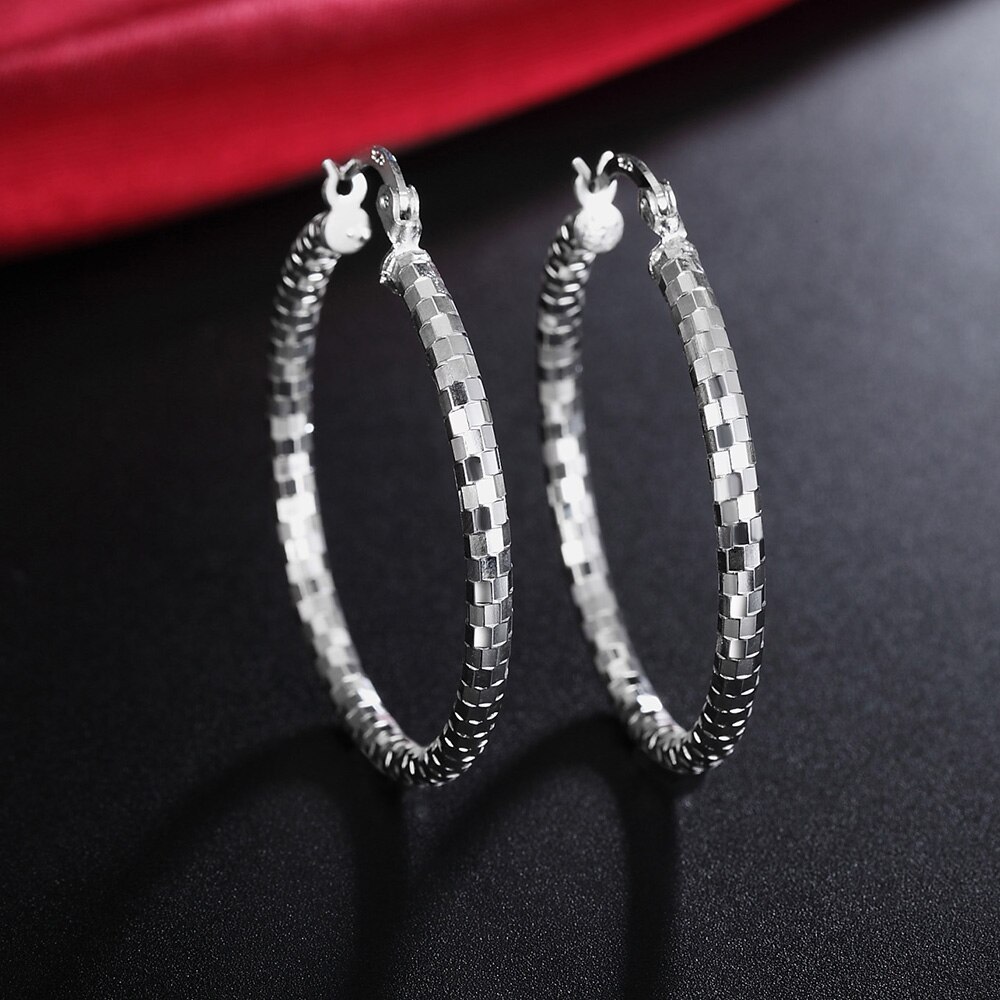 Solid 925 Stamp Silver color Earrings for Women Jewelry Sweet romantic Lattice pattern 4CM Big circle hoop Earrings wedding Gift