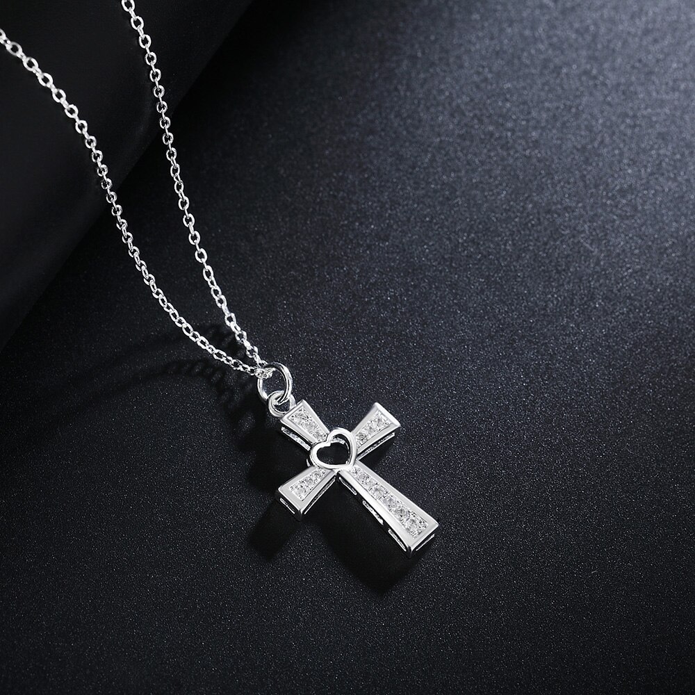 Hot fashion 925 Stamp Silver color Necklace For Women luxury Wedding Jewelry Wild crystal cross pendant chain neckalce gift