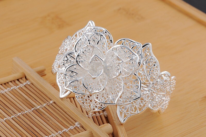 925 Stamped Silver color fine big flower wide bangle Bracelets for Women adjustable Jewelry Fashion wedding Party Holiday gift